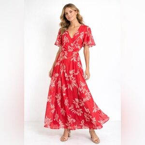 Mara's Collection Red Floral Maxi Dress Chain Belt Flutter Sleeve Boho Chic 2XL